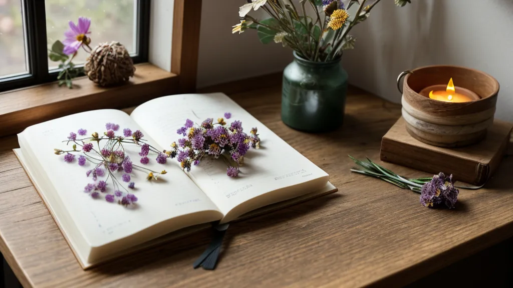 Gepresste Anemone im spirituellen Tagebuch, Nahaufnahme neben handschriftlichen Notizen