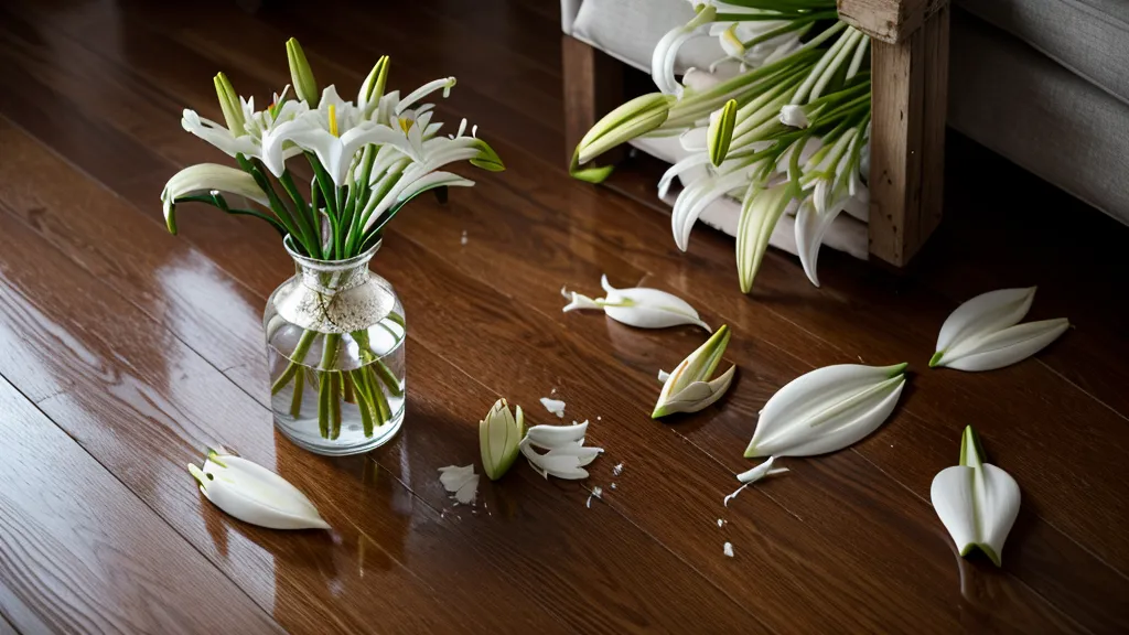 Umgekippte Vase mit weißen Lilien auf dem Boden – ein Moment der Trauerbewältigung mitten im Blumenladen
