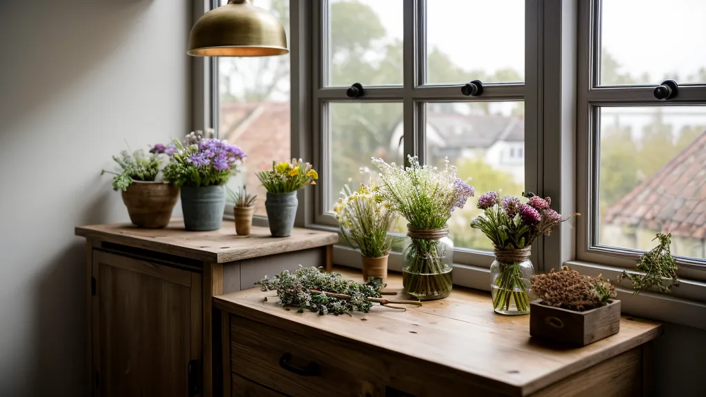 Narzissenvasen auf einem schiefen Holzregal in Helenes Blumenladen im Bremer Viertel, Ort ihrer energetischen Reinigung