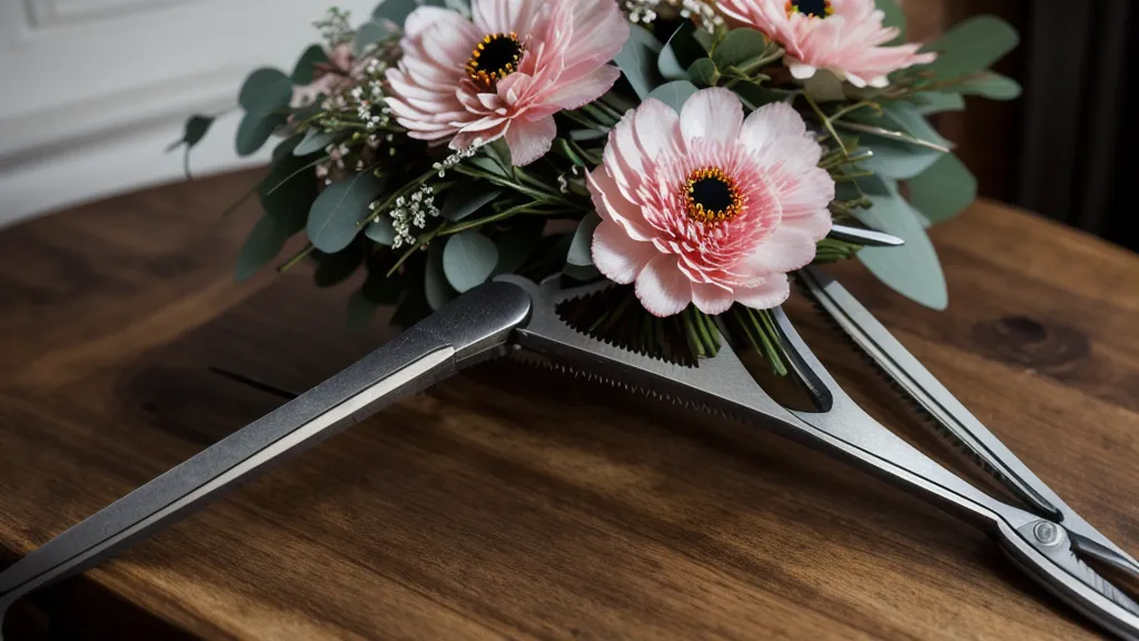 Floristenschere und frisch geschnittene Blumen auf dem Bindetisch – Geduld üben im floristischen Alltag