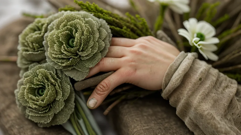 Hände einer Floristin binden Moos und Anemonen an einem hölzernen Bindetisch – Energie im Alltag mit dem Mana-Konzept