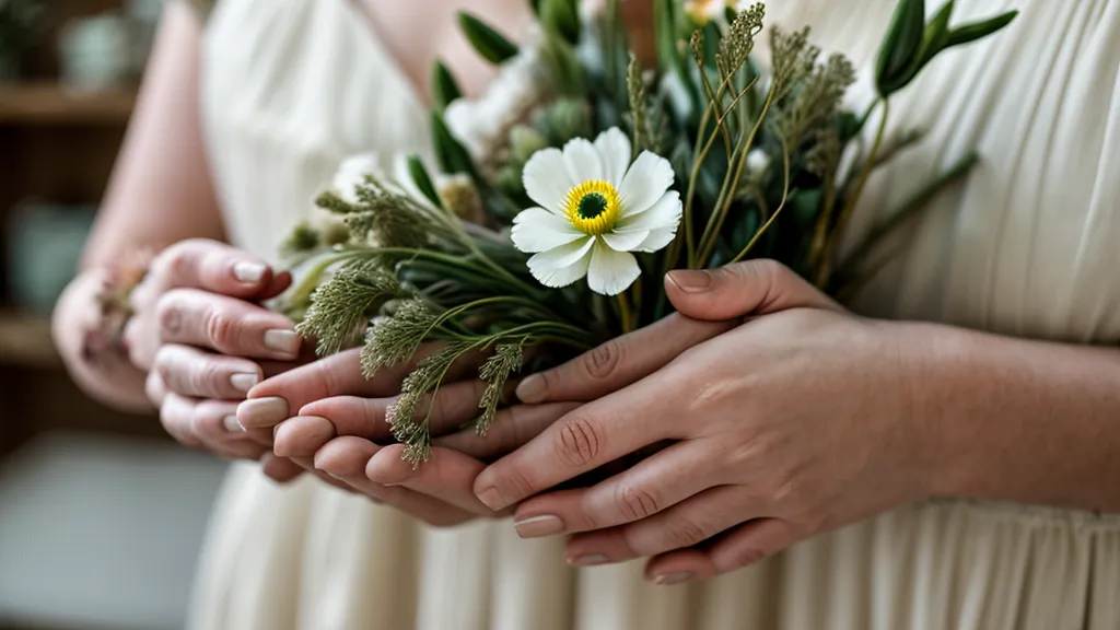 Hände einer Floristin halten eine weiße Anemone – Herzöffnung-Übung als Teil ihrer spirituellen Ausbildung im Alltag