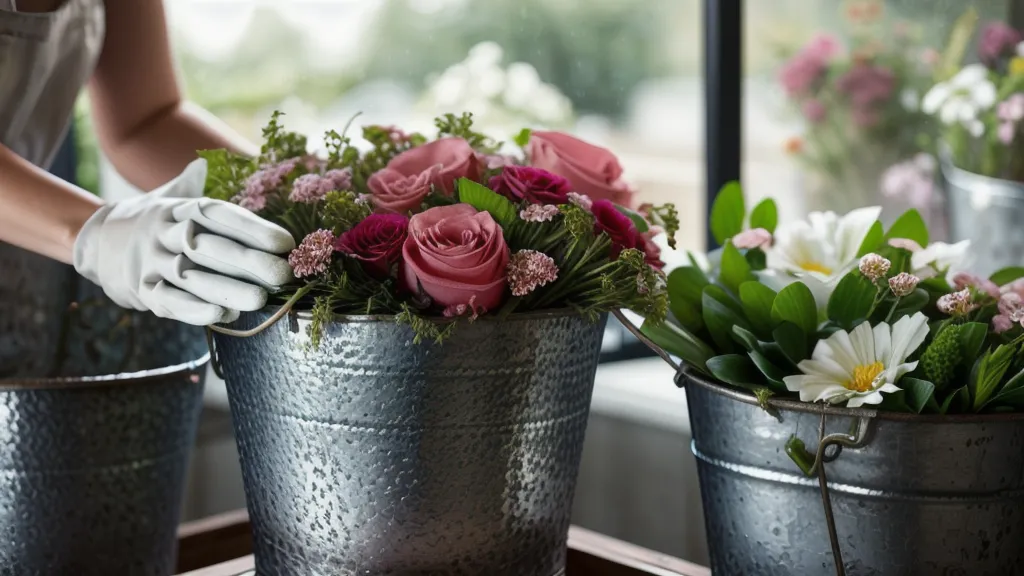 Vergebungsritual im Alltag: die Hände einer Floristin beim Reinigen von Blumeneimern im abendlichen Licht
