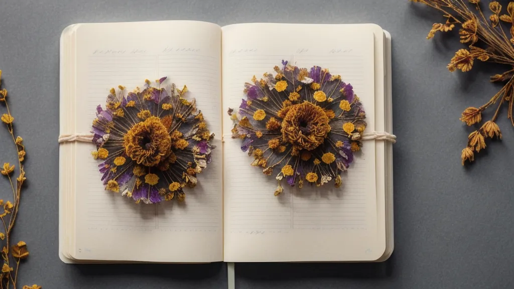 Spirituelle Entwicklung im Tagebuch: aufgeschlagenes Notizbuch mit gepressten Blumen und handgeschriebenen Notizen zum Vergebungsritual