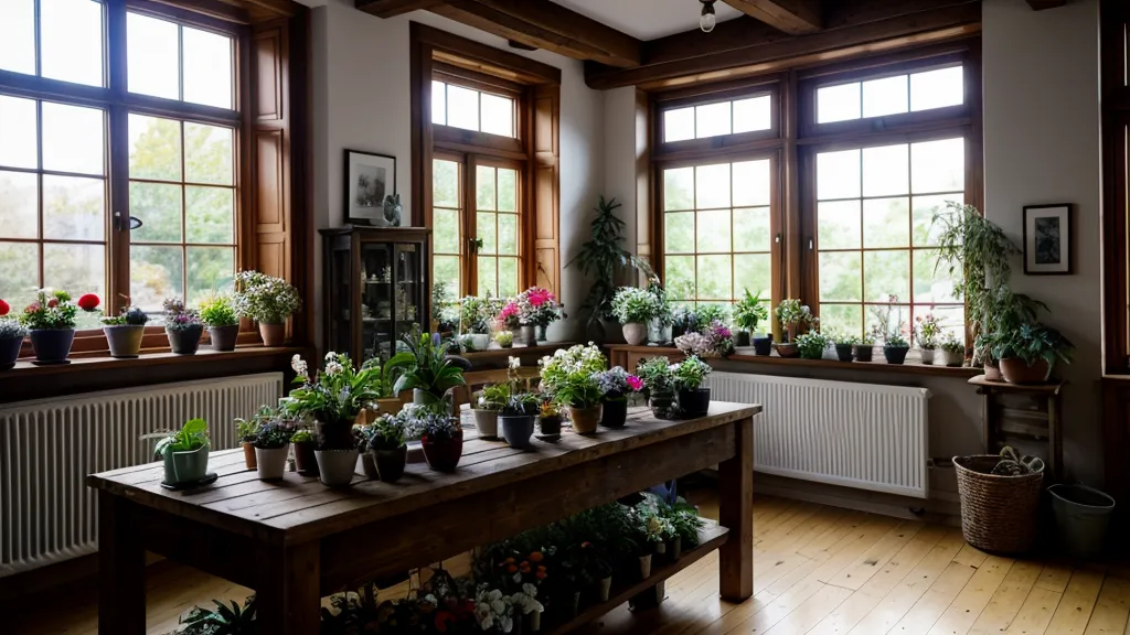 Spirituelle Ausbildung im Alltag: schiefe Holzregale im Bremer Blumenladen mit frischen Pfingstrosen und Eukalyptuszweigen.