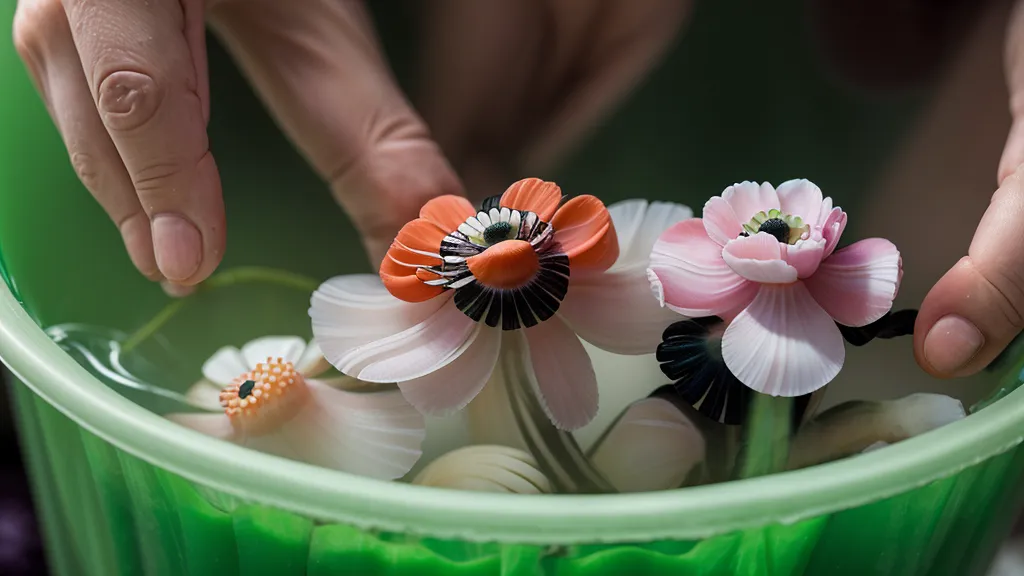 Hände einer Floristin prüfen die Lebensenergie frischer Anemonen im Wassereimer während einer Huna-Übung