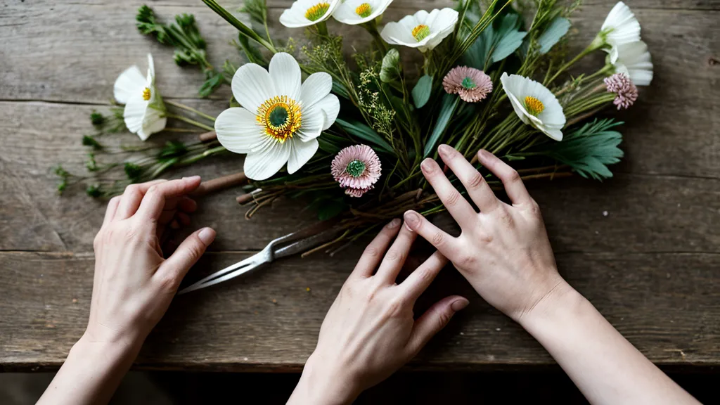 Die Hände einer Floristin halten eine zarte weiße Anemone über einem Arbeitstisch.