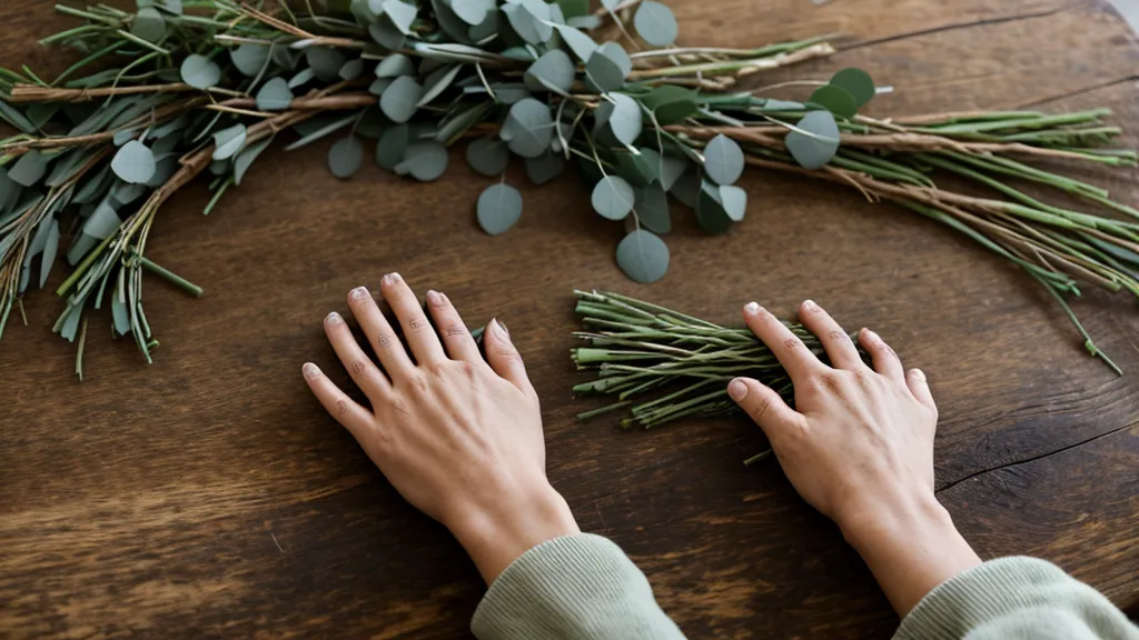 Pflanzenenergie und Mana spüren – Floristenhände arbeiten mit Eukalyptuszweigen für einen Trauerkranz