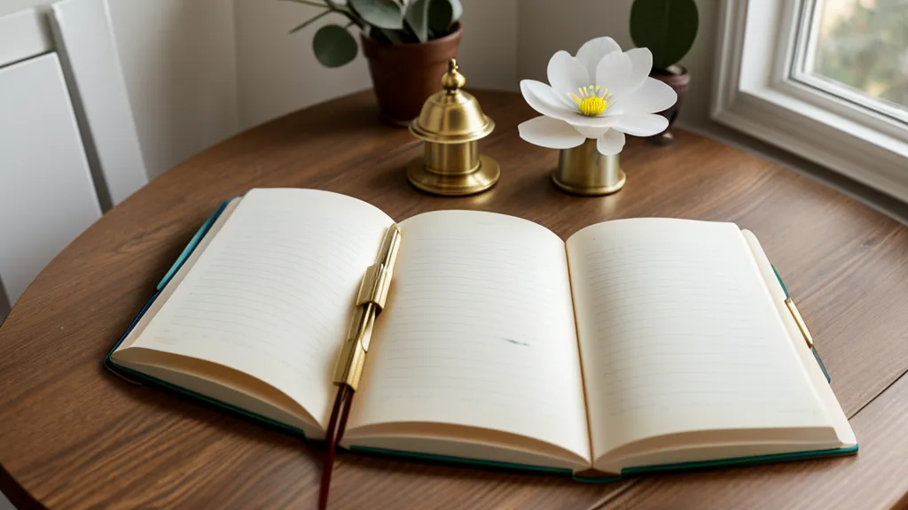 Aufgeschlagenes Moleskine-Notizbuch mit gepressten Anemonen und Eukalyptus als Teil der spirituellen Ausbildung im Alltag