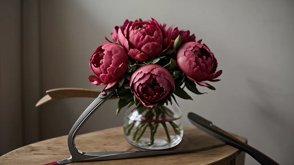 Schere schneidet den Stiel einer dunkelroten Pfingstrose an – Handwerk als Erdung im Blumenladen