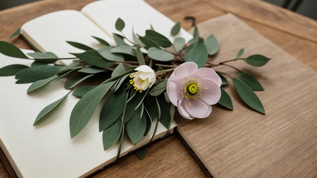Gepresste Anemone und Eukalyptuszweig im Moleskine-Tagebuch als Ausdruck von Trauerbewältigung und spiritueller Praxis