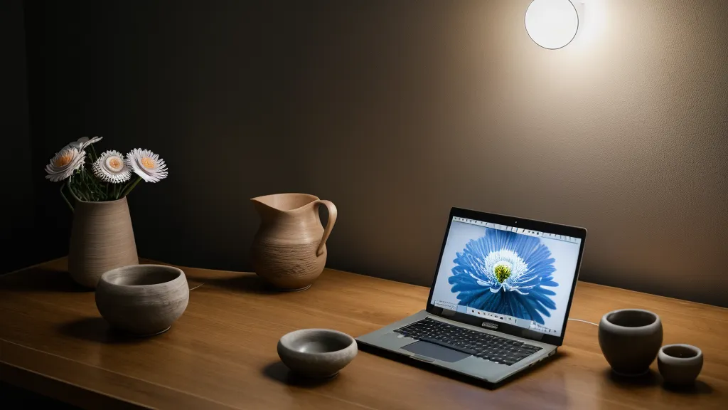 Laptop mit Online-Kurs der spirituellen Ausbildung neben einer Schale Erde und einer Anemone