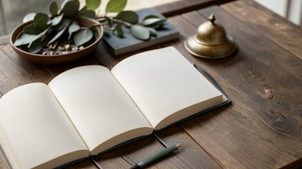 Offenes Moleskine-Notizbuch mit gepressten Blumen und handgeschriebenen Notizen zur Trauerverarbeitung