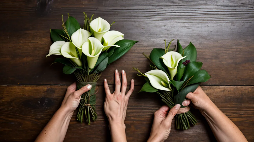 Körperarbeit bei Trauer: Hände einer Floristin binden Trauerfloristik mit Efeu und Callas.