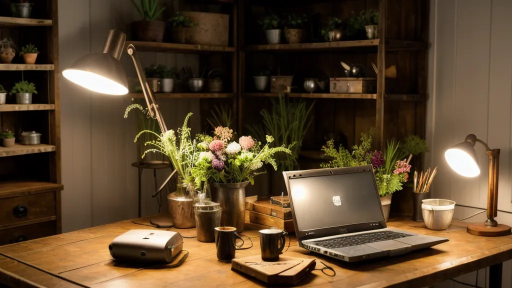Ein Laptop zwischen Blumenstielen und Gartenscheren in einem gemütlichen Blumenladen am Abend.