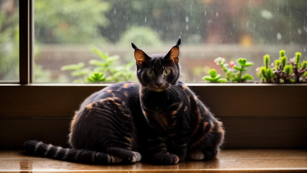 Schildpattfarbene Katze Zwetschge schläft neben einer Pflanze, kleiner Ruhemoment im Alltag der Floristin