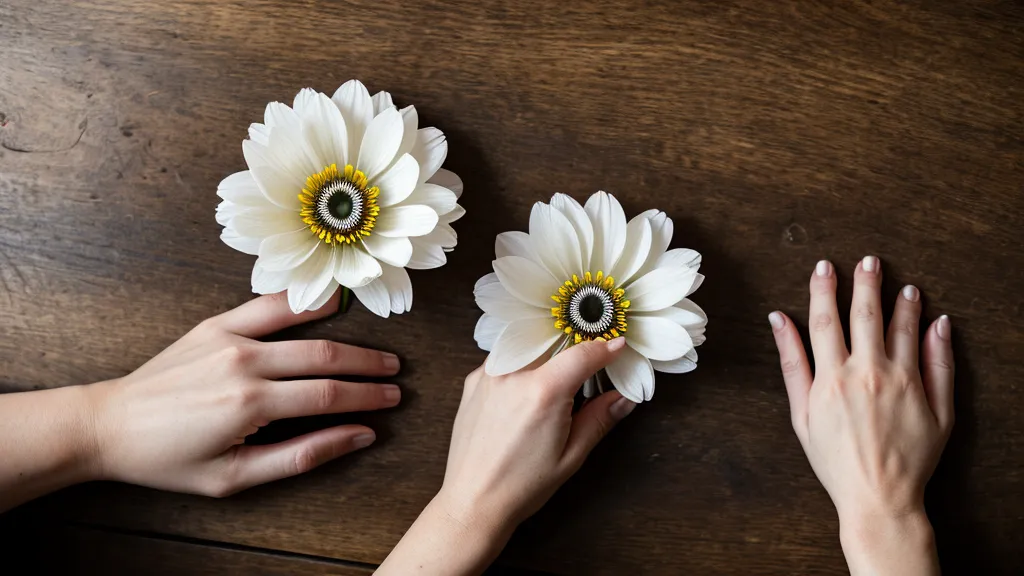 Hände einer Floristin auf der Laptop-Tastatur neben einer weißen Anemone, abends beim Online-Modul der Power of Love Ausbildung