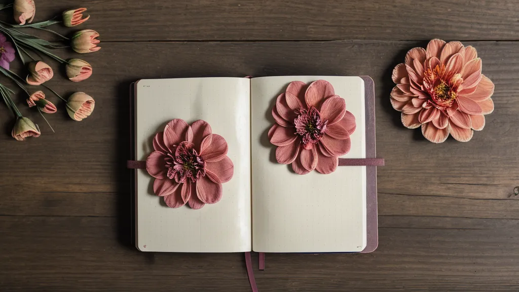 Offenes Moleskine-Tagebuch mit getrockneten, gepressten Blumen zwischen den Seiten – Spuren eines Jahres Trauerarbeit und spiritueller Ausbildung