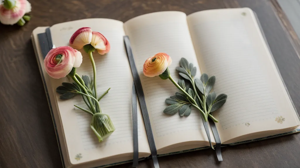 Frauenkreis-Erfahrung im Notizbuch: eine gepresste Ranunkel neben einer alten Blumenschere