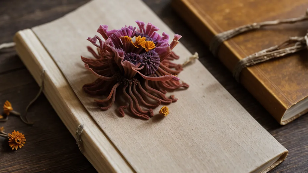 Getrocknete Anemone im Moleskine-Tagebuch als Symbol für Trauerbewältigung während der schamanischen Ausbildung