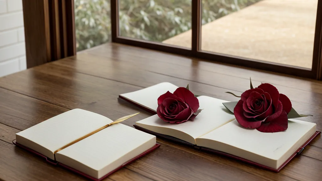 Aufgeschlagenes Notizbuch mit gepresster roter Rose – Selbstliebe und Trauerbewältigung in der spirituellen Ausbildung festgehalten