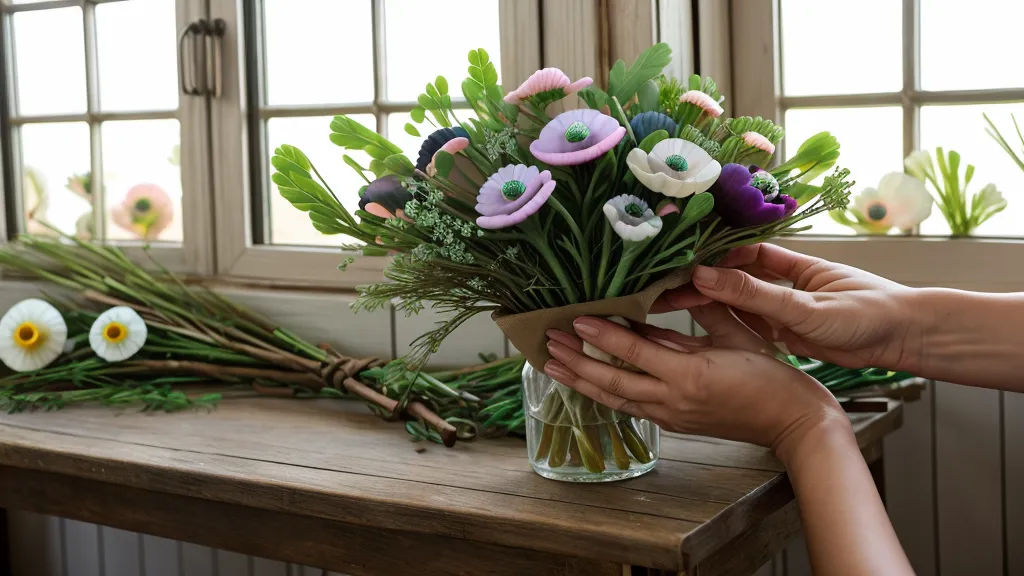 Hände binden Anemonen und Eukalyptus im Blumenladen als Teil der Abgrenzung im Alltag