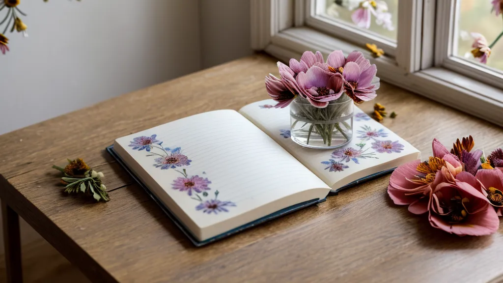 Offenes Moleskine-Tagebuch mit gepressten Blumen als Reflexion über Abgrenzung und spirituelle Entwicklung