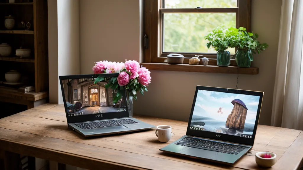 Spirituelle Ausbildung online: ein Laptop mit Kursmaterial neben frischen Pfingstrosen auf dem Werkstatt-Tisch im Blumenladen